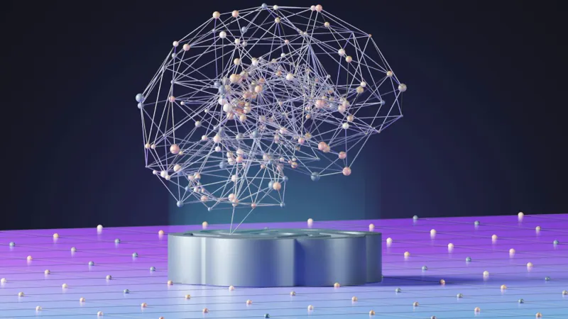 Abstract 3D illustration of a network of connected points shaped like a brain