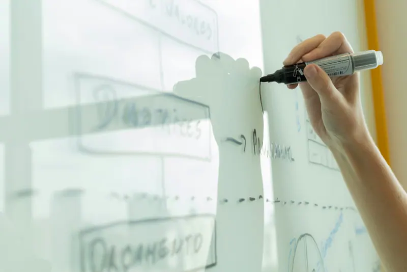 Hand drawing a process diagram on a whiteboard with a marker