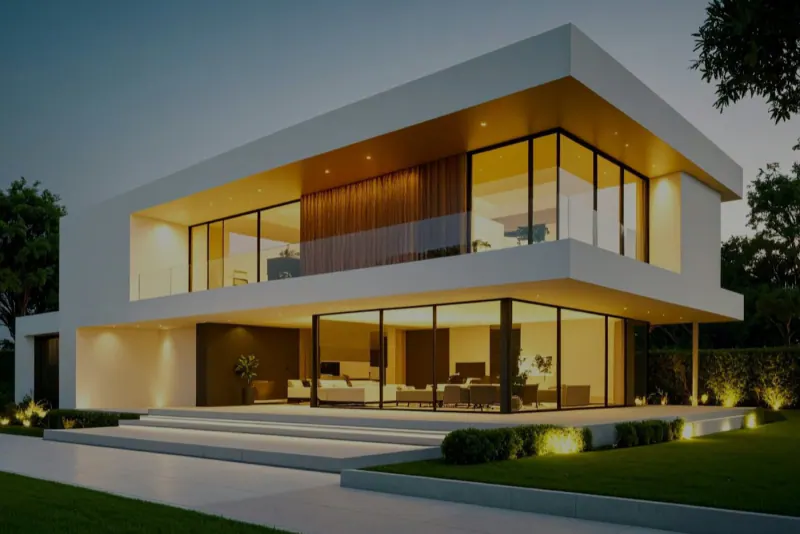 Modern two-story house with lit-up windows at dusk