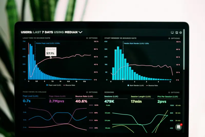 Pantalla de laptop con gráficas de analítica web y métricas de sesiones
