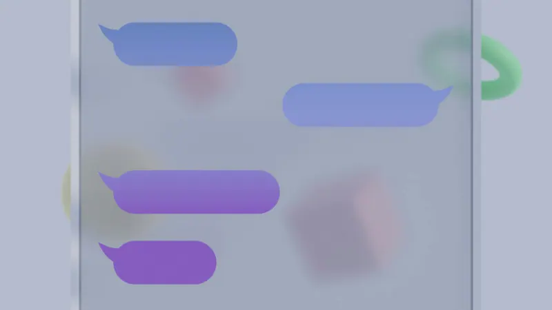 Burbujas de conversación moradas y azules sobre una pantalla translúcida, como un chat con inteligencia artificial