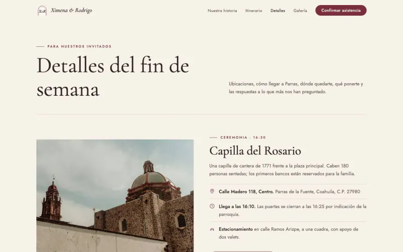 Página Detalles de la plantilla boda
