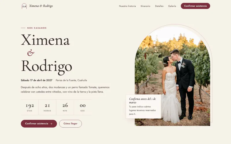 Inicio de la demo Ximena & Rodrigo en escritorio