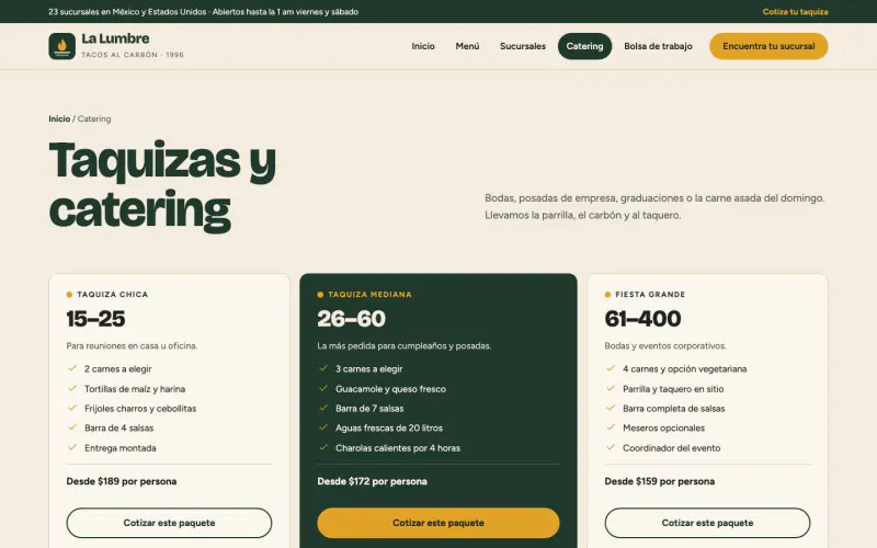 Página Catering de la plantilla cadena de restaurantes
