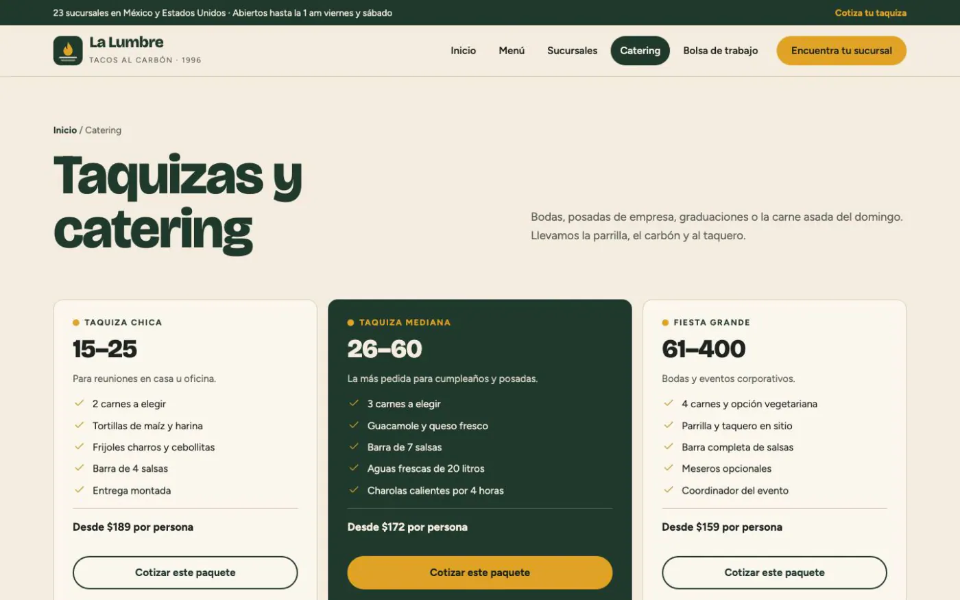Catering de la demo La Lumbre Tacos al Carbón en escritorio