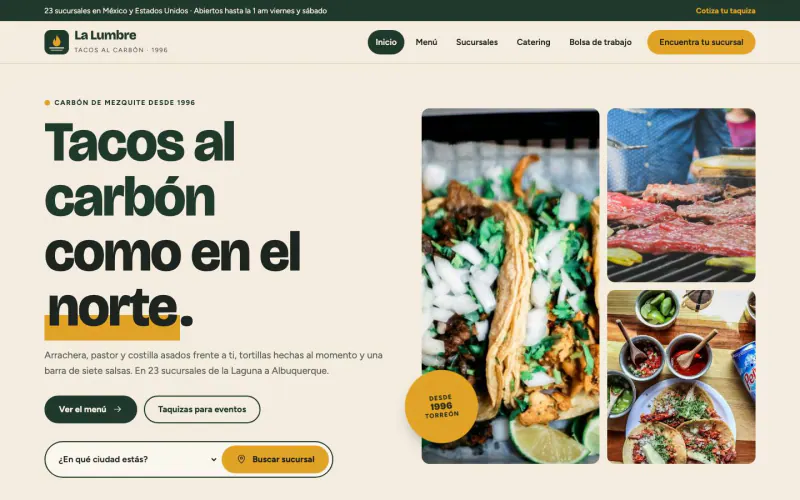 Inicio y menú de la demo La Lumbre Tacos al Carbón en escritorio