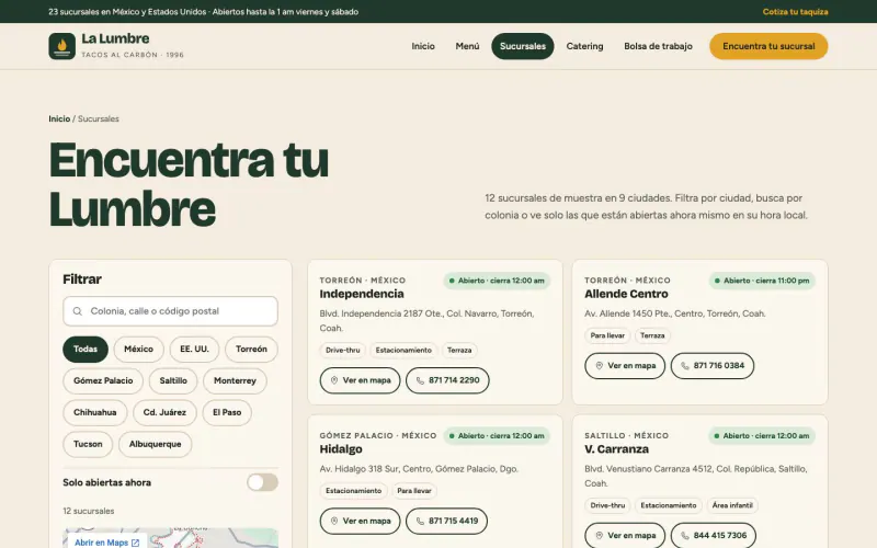 Página Sucursales de la plantilla cadena de restaurantes