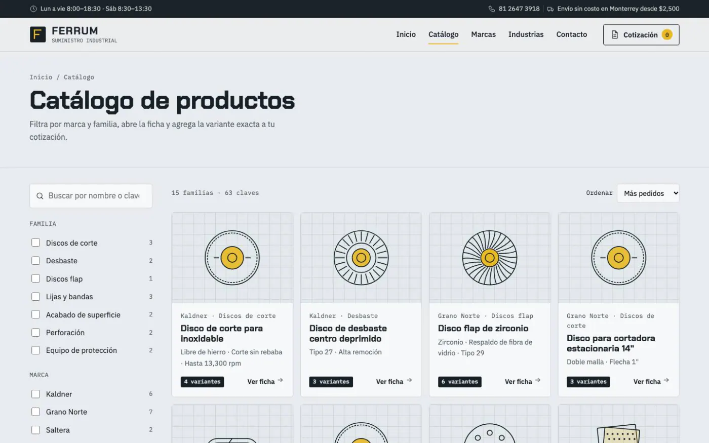 Catalog page of the Ferrum Suministro Industrial demo on desktop