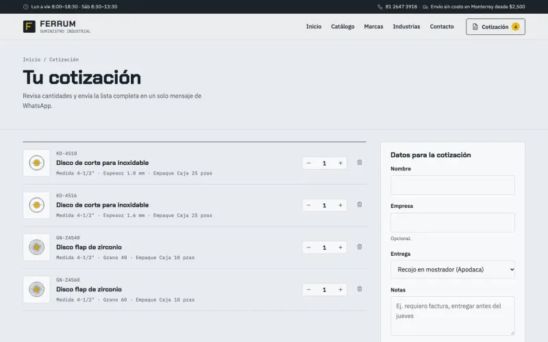Quote page of the industrial distributor template