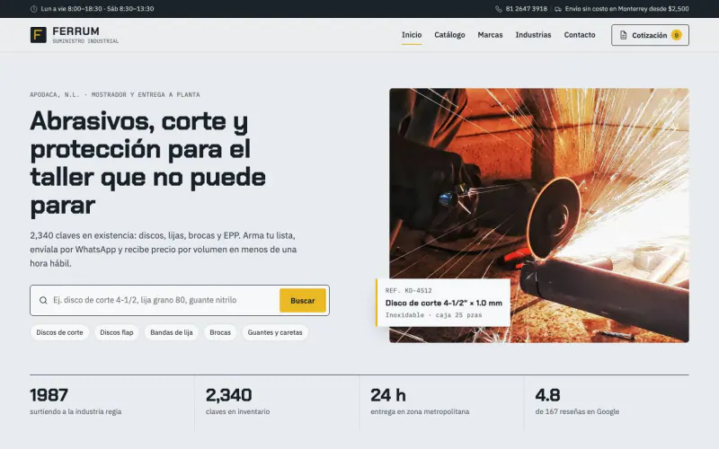 Home page of the Ferrum Suministro Industrial demo on desktop