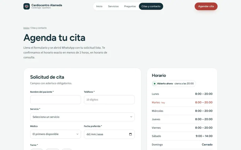 Appointments and contact page of the specialty clinic template