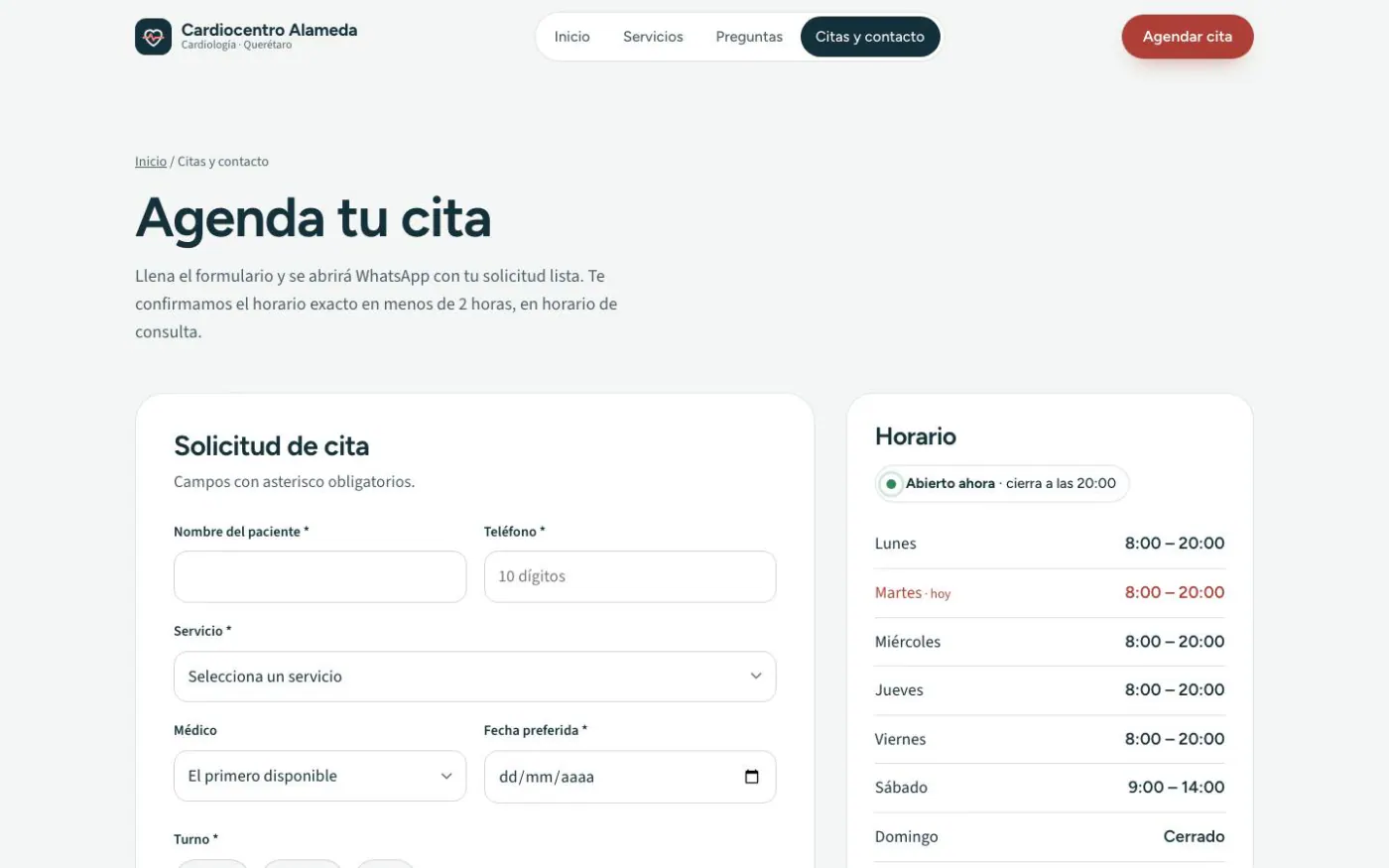 Appointments and contact page of the Cardiocentro Alameda demo on desktop