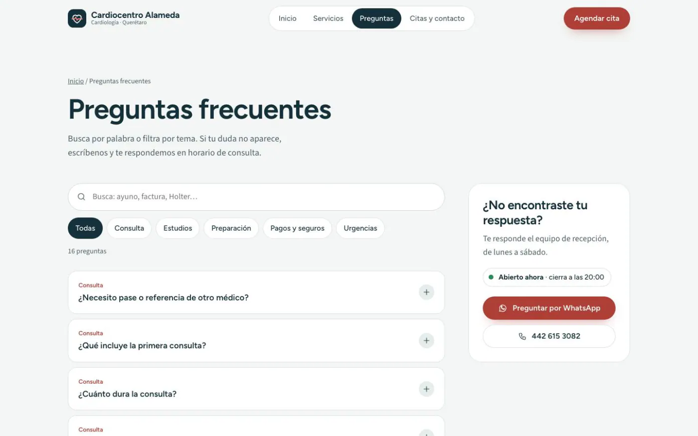 FAQ page of the Cardiocentro Alameda demo on desktop