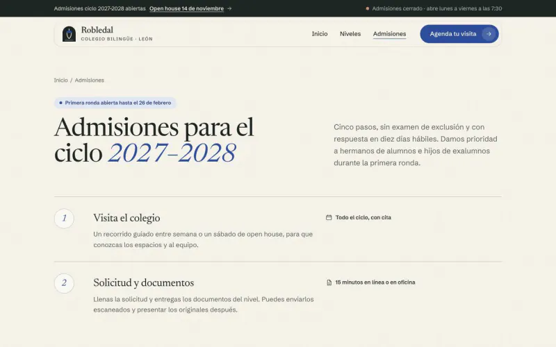 Admissions page of the private school template