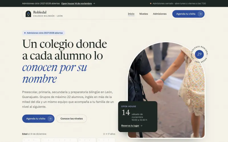 Home page of the Colegio Robledal demo on desktop