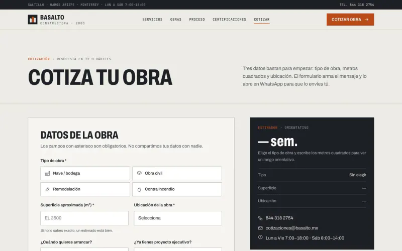 Get a quote page of the construction company template