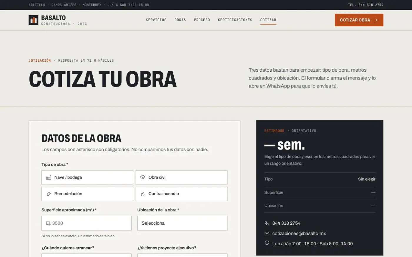 Get a quote page of the Basalto Constructora demo on desktop