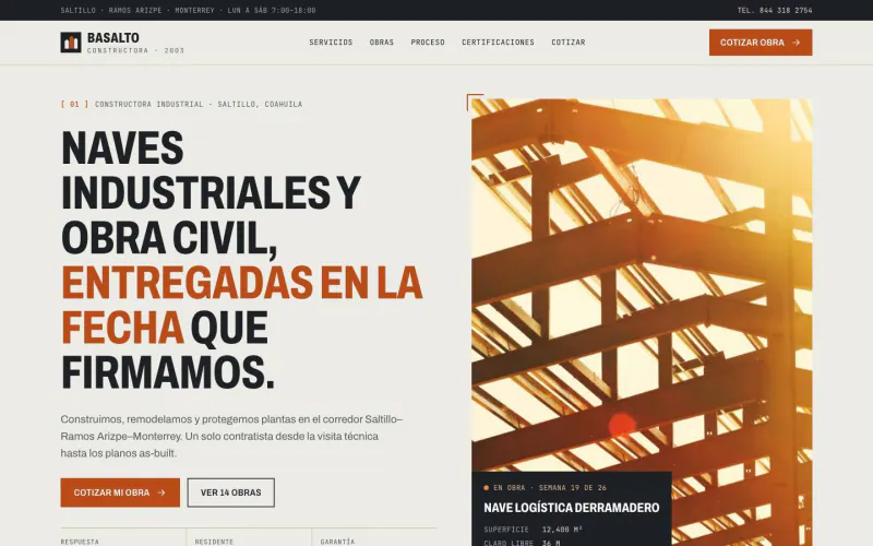Home page of the Basalto Constructora demo on desktop