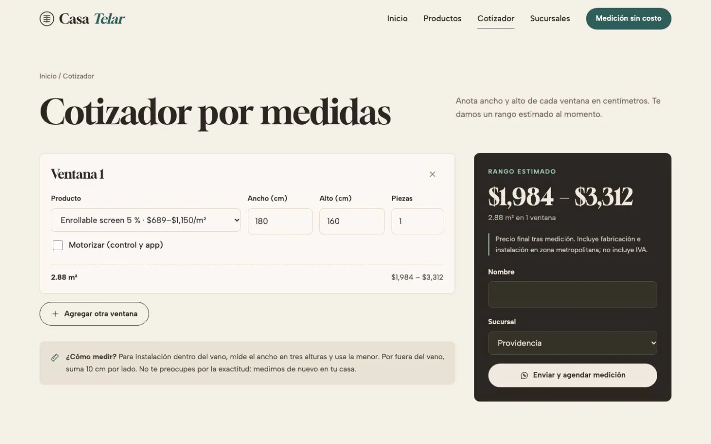 Cotizador por medidas de la demo Casa Telar en escritorio