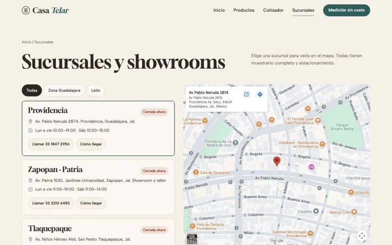 Página Sucursales de la plantilla tienda de persianas y cortinas