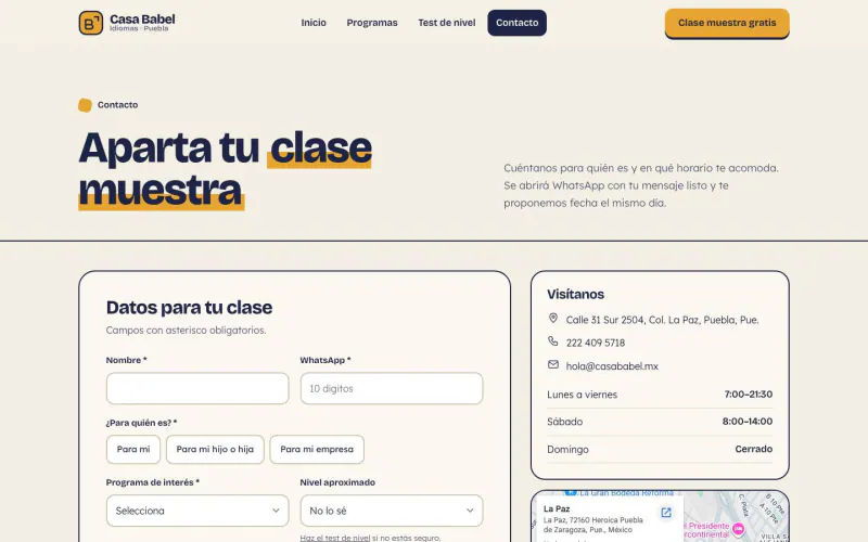 Contact page of the language school template