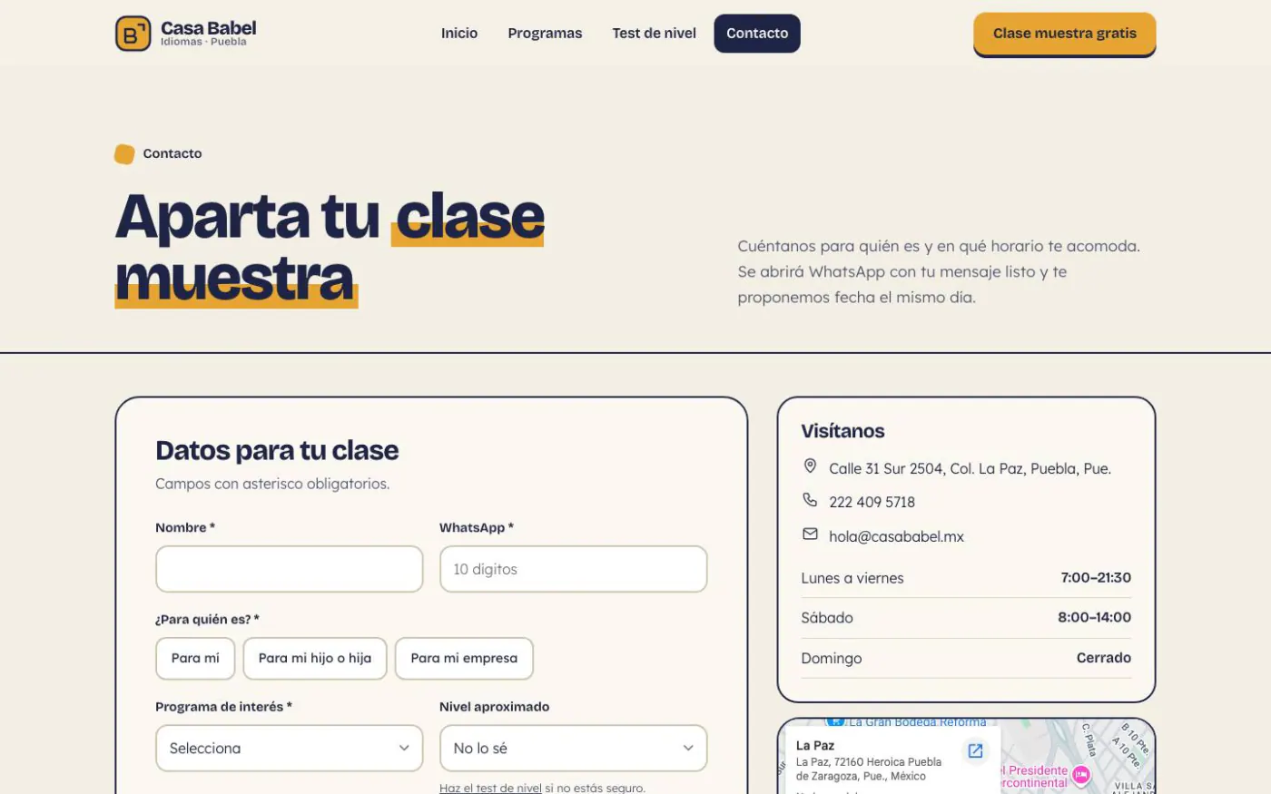 Contact page of the Casa Babel Idiomas demo on desktop