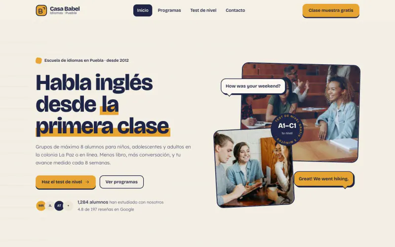 Home page of the Casa Babel Idiomas demo on desktop