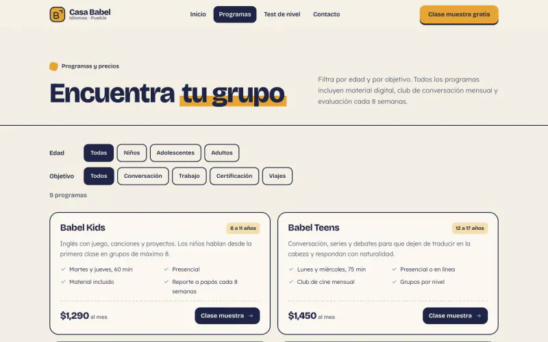 Programs page of the language school template