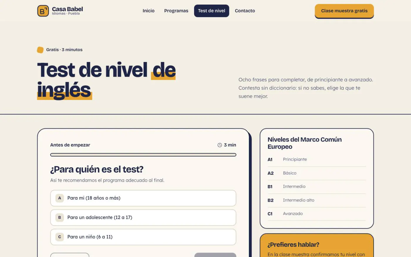 Placement test page of the Casa Babel Idiomas demo on desktop