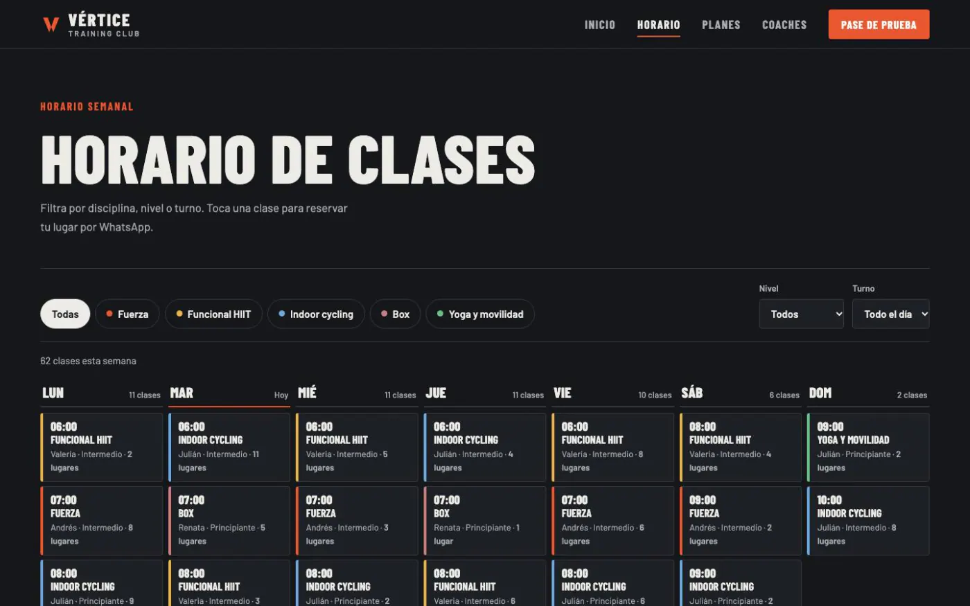 Horario de clases de la demo Vértice Training Club en escritorio