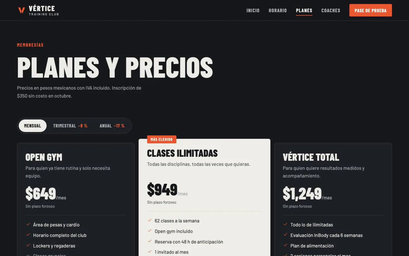 Planes y precios de la demo Vértice Training Club en escritorio