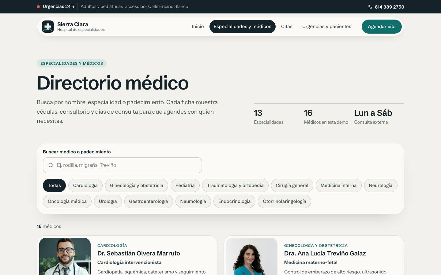Specialties and doctors page of the Hospital Sierra Clara demo on desktop