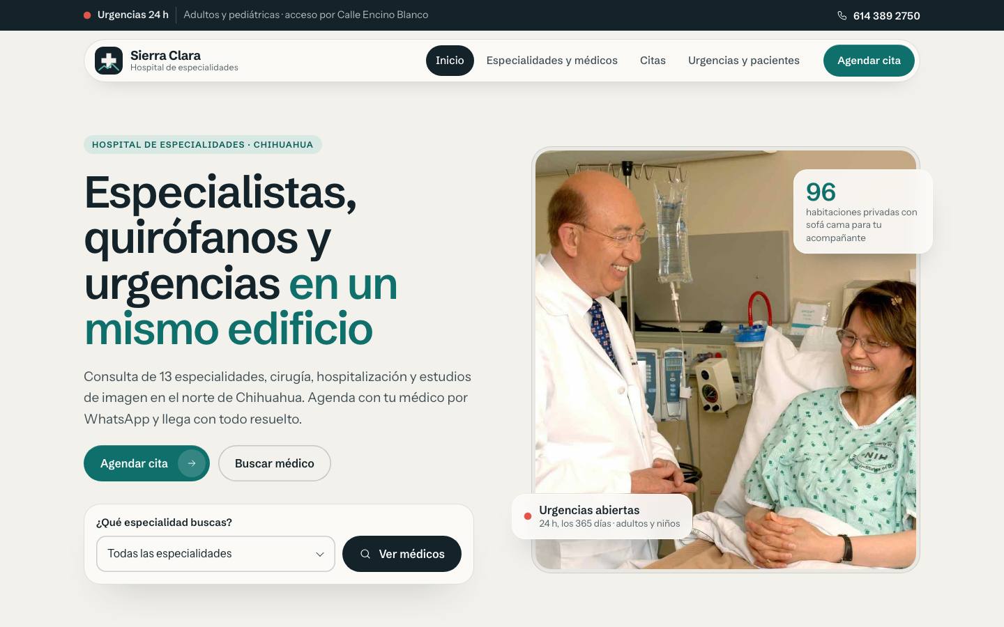 Home page of the Hospital Sierra Clara demo on desktop