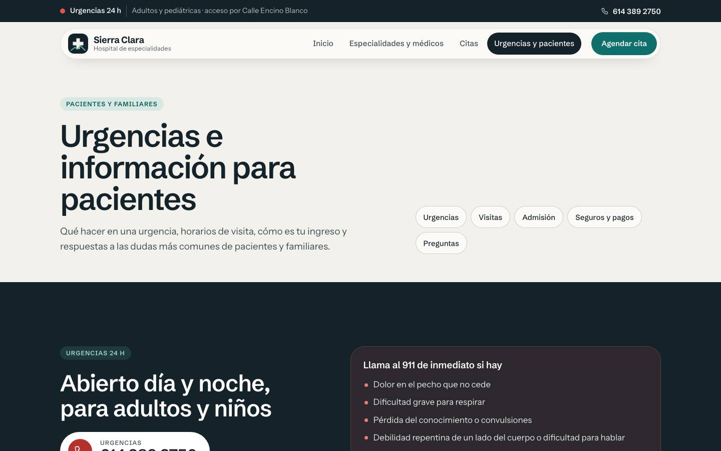 ER and patient info page of the Hospital Sierra Clara demo on desktop