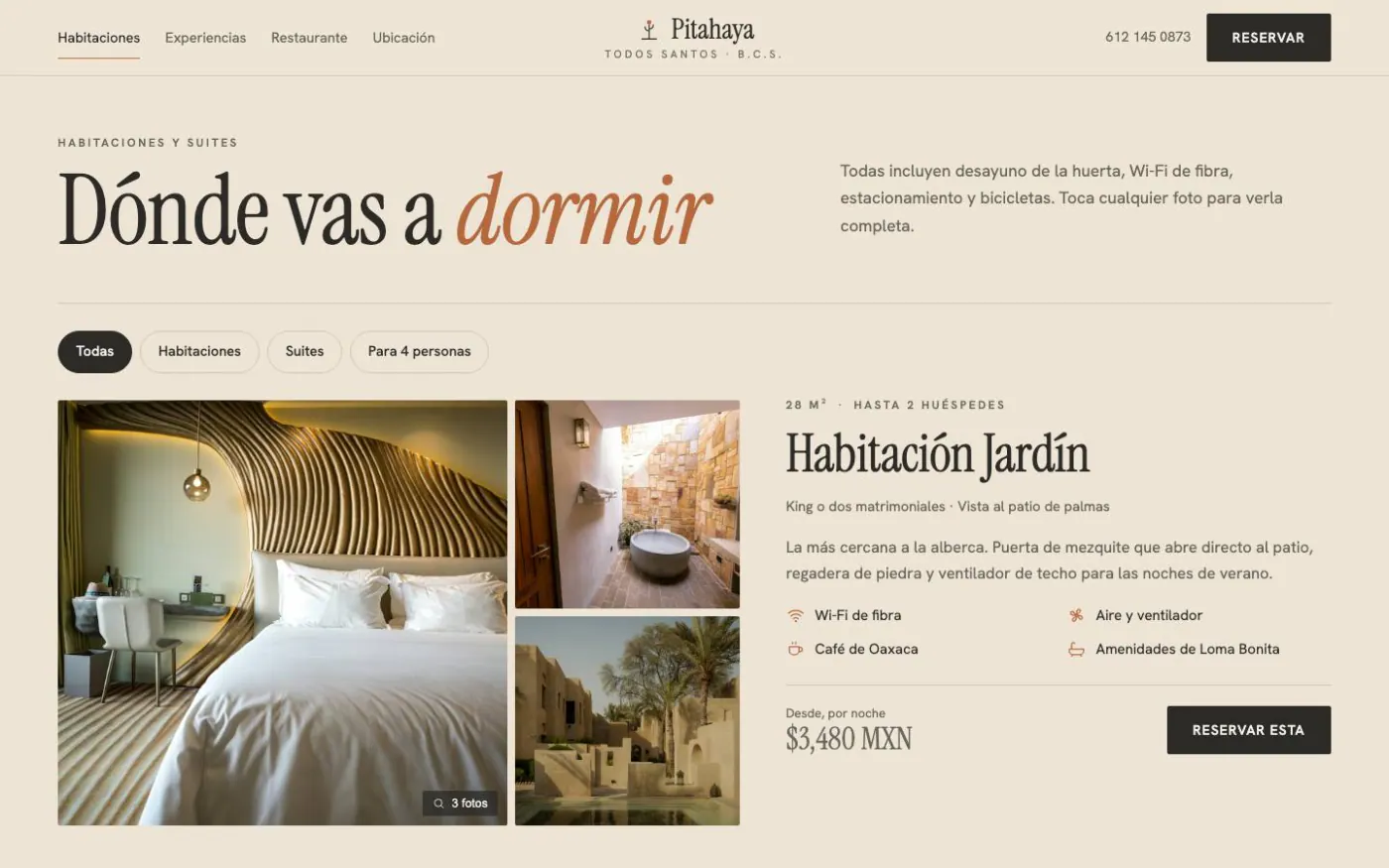 Rooms page of the Hotel Pitahaya demo on desktop