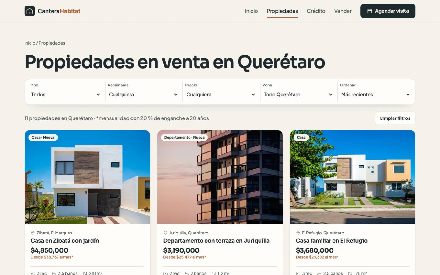 Propiedades de la demo Cantera Habitat en escritorio