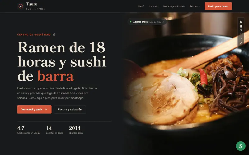 Home page of the Tsuru Sushi & Ramen demo on desktop