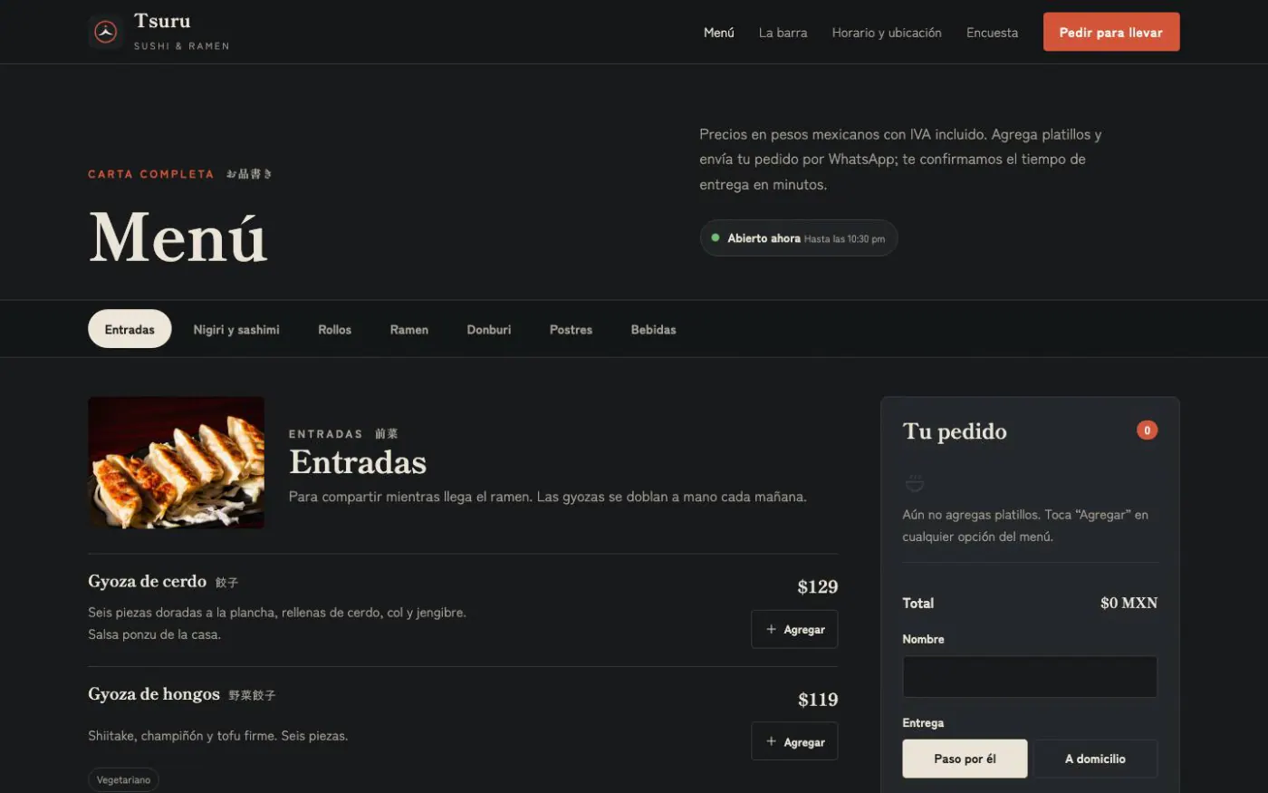 Menu and orders page of the Tsuru Sushi & Ramen demo on desktop