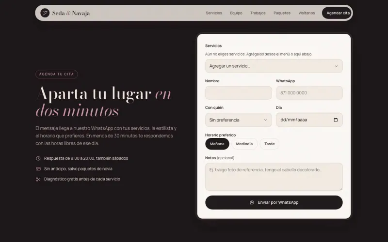 Book an appointment page of the beauty salon and barbershop template