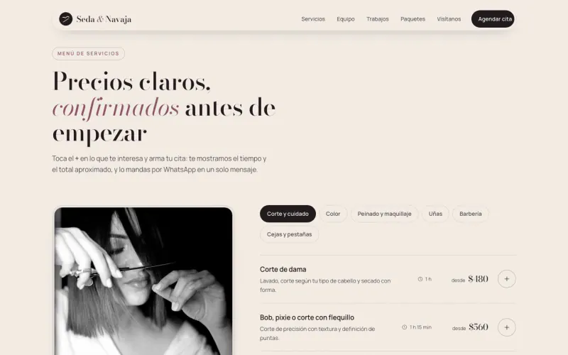 Service menu page of the beauty salon and barbershop template